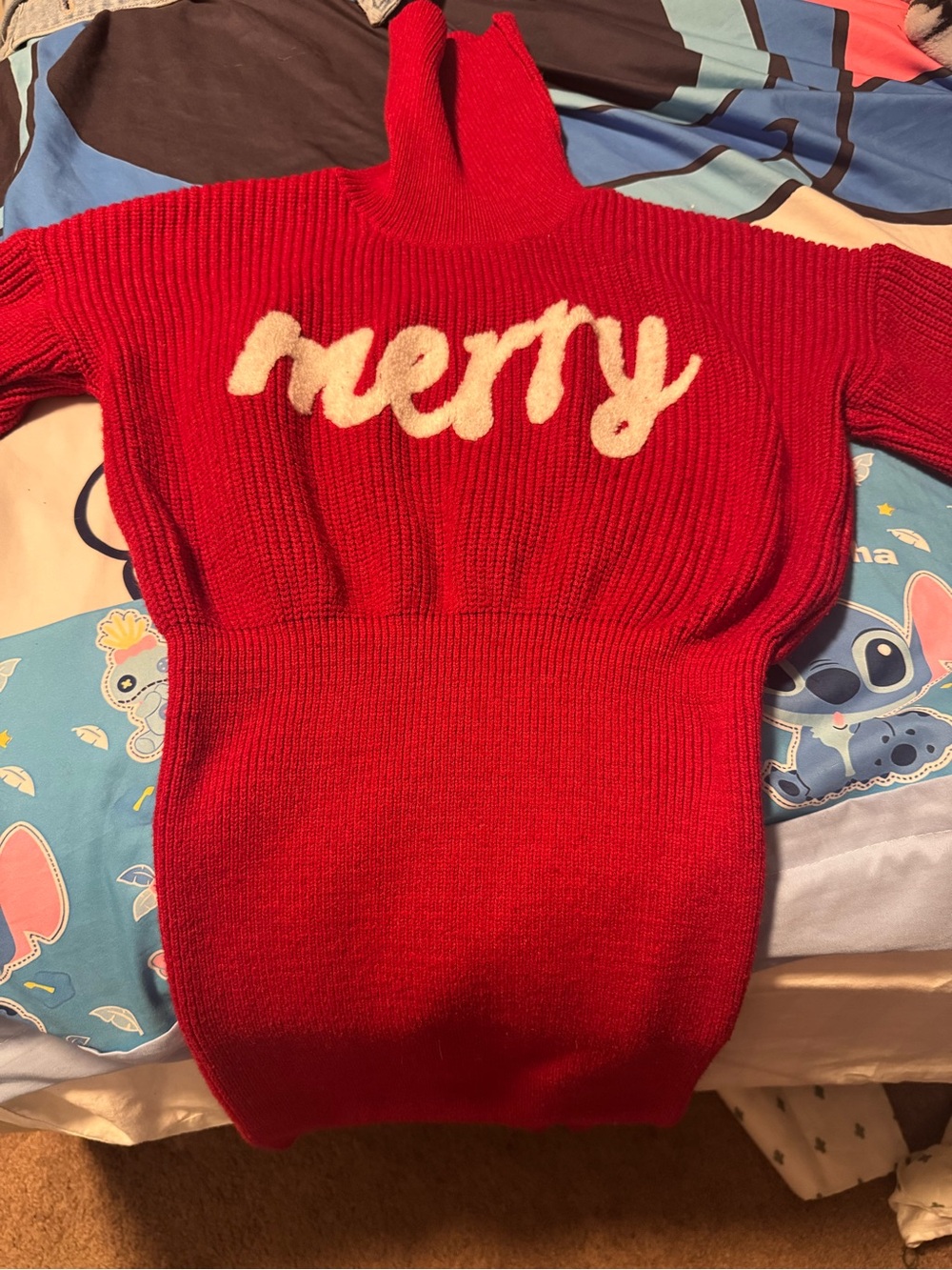 SHEIN Red Turtleneck Sweater Dress with White 'Merry' Script